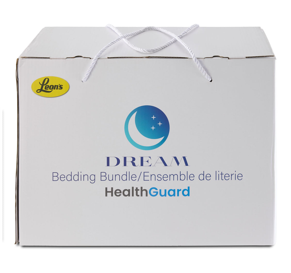 Packaging for the Queen 10-Piece Cool Touch White Dream Bedding Bundle featuring Dream Bedding Bundle and HealthGuard branding