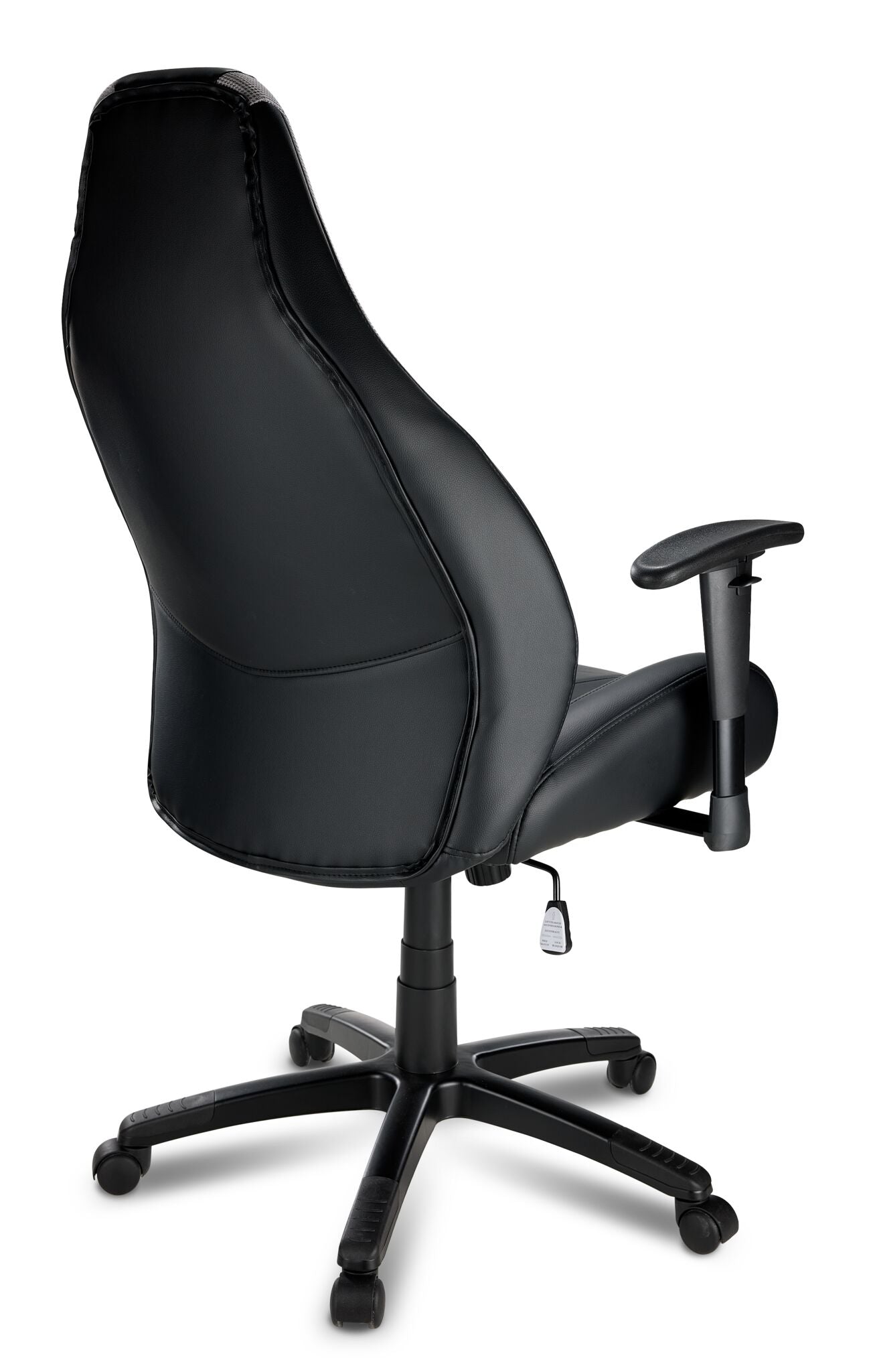Rear view of Dixon black and grey leather-look gaming chair with high contoured back, armrests and caster base