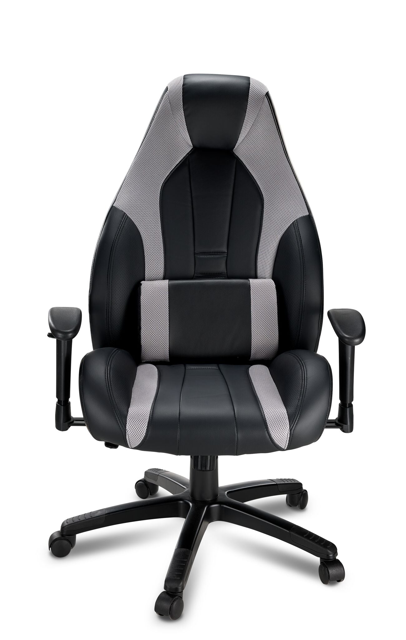 Front view of Dixon black and grey leather-look gaming chair with lumbar cushion, padded seat and grey mesh accents
