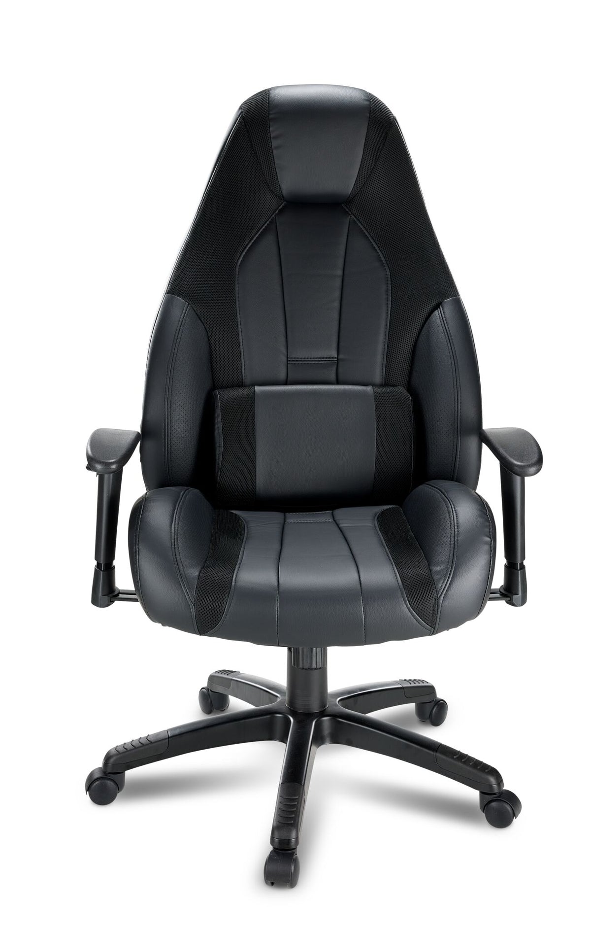 Front view of Dixon black leather-look gaming chair with lumbar cushion, padded seat and adjustable armrests