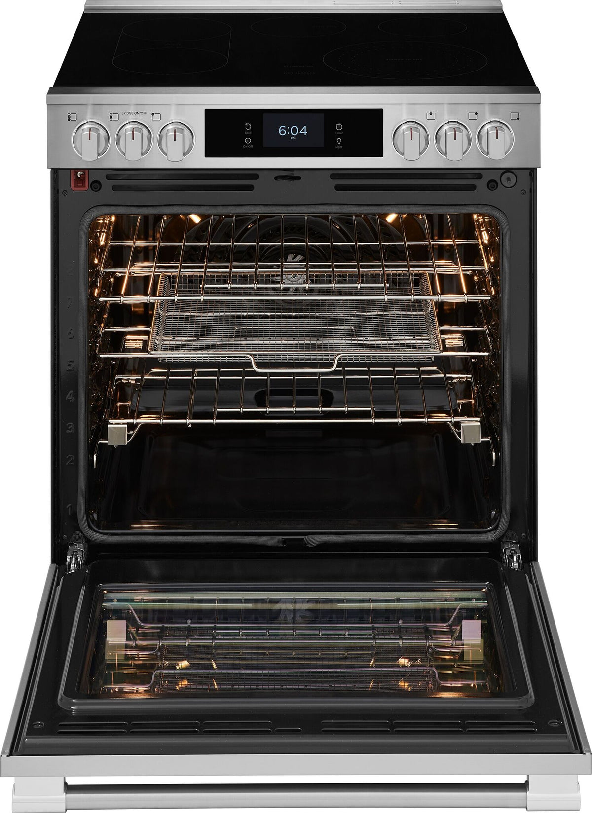 Frigidaire Professional 30-inch stainless steel electric range shown from a three-quarter angle with smooth black cooktop, front controls and large oven window