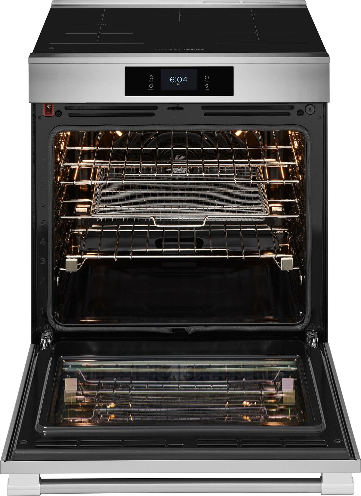 Frigidaire Professional 30-inch stainless steel induction range shown from a three-quarter angle with smooth black cooktop, digital controls and large oven window
