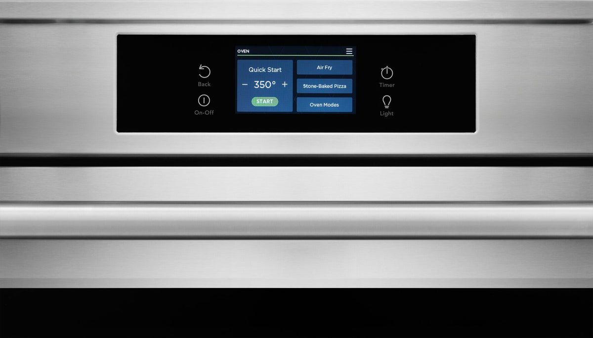 Close-up of Frigidaire Professional induction range touchscreen showing Quick Start, Air Fry, Stone-Baked Pizza and oven mode options