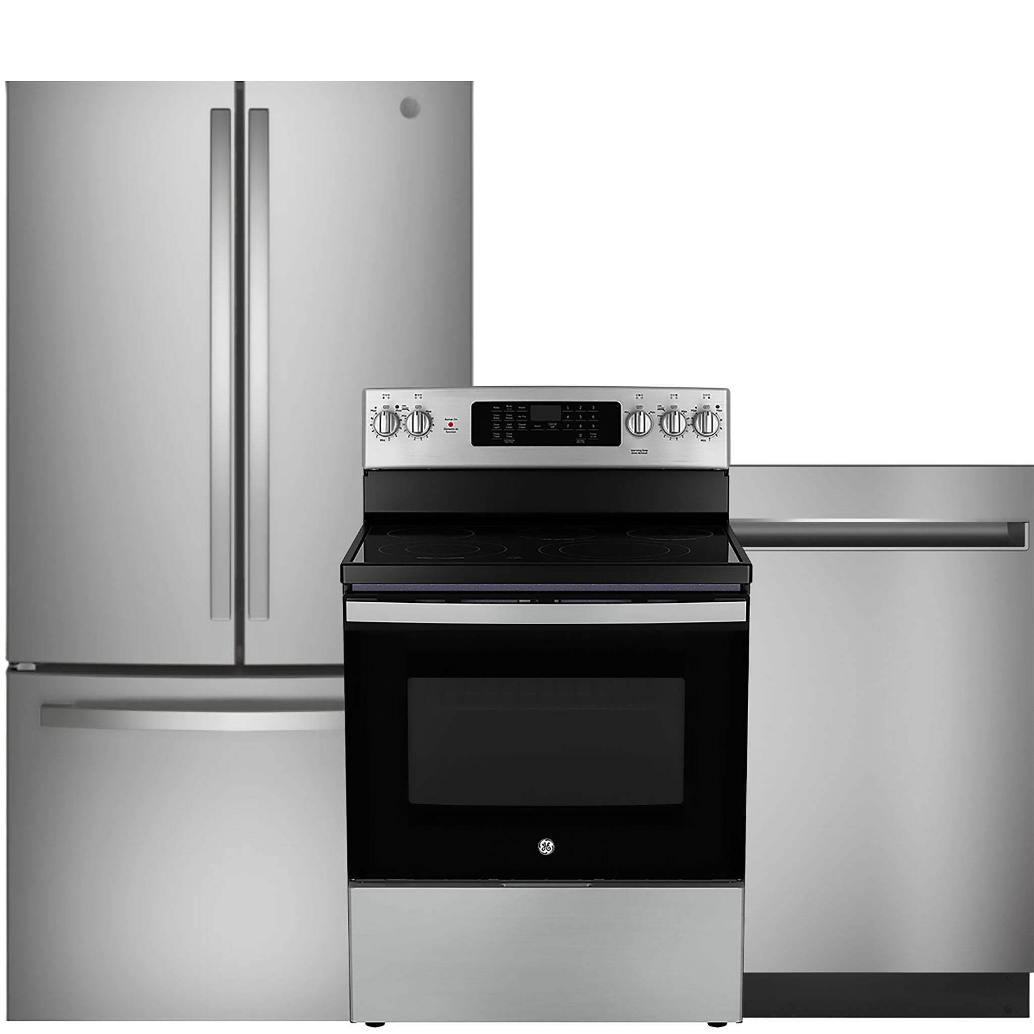 GE Stainless Steel Kitchen Package with Counter-Depth Refrigerator, Electric Range & Built-In Dishwasher