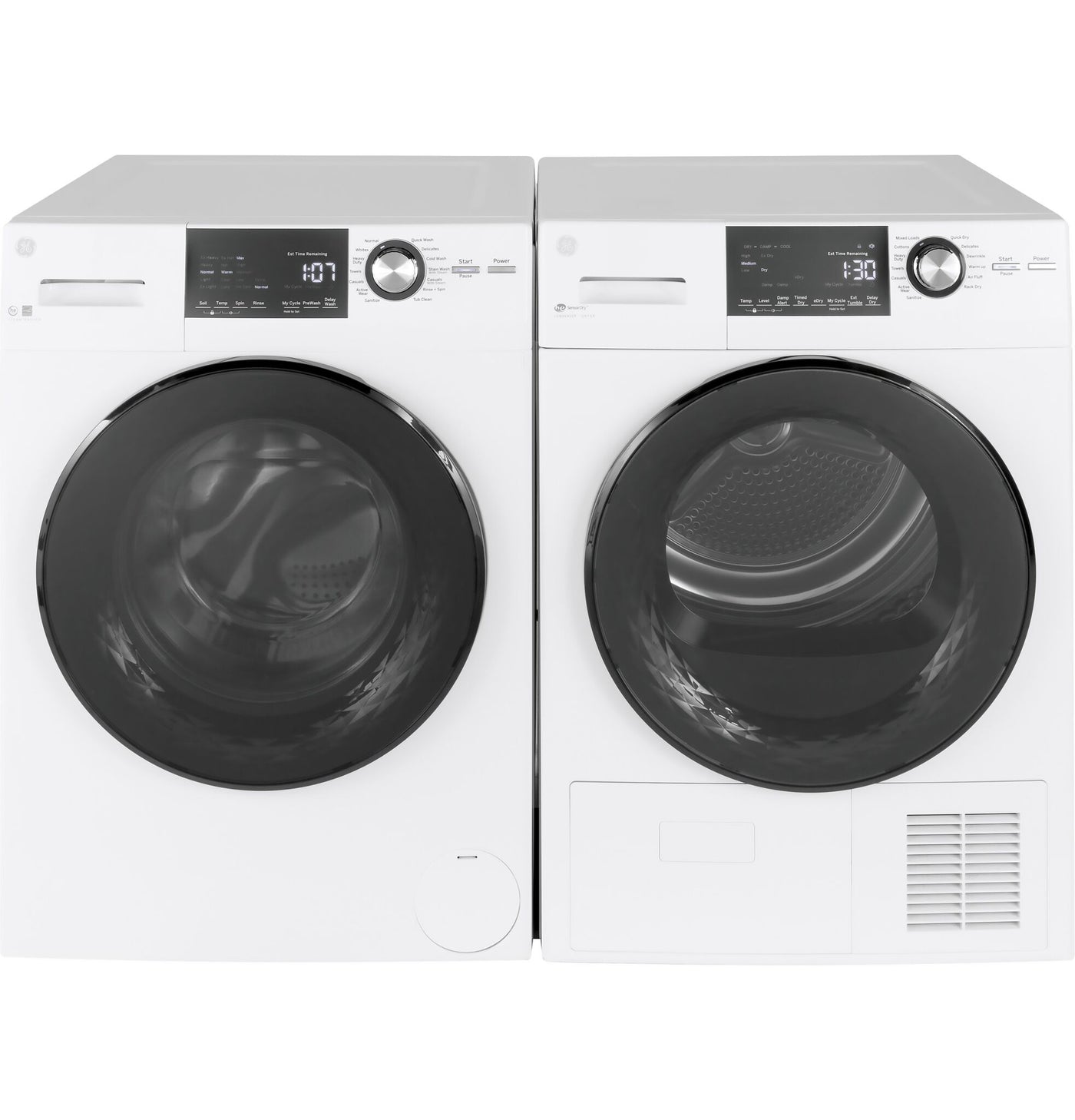 GE White Front Load Washer with Steam (2.8 IEC Cu.Ft.) & Ventless Condenser Electric Dryer (4.1 Cu.Ft.) - GFW148SSMWW/GFT14JSIMWW