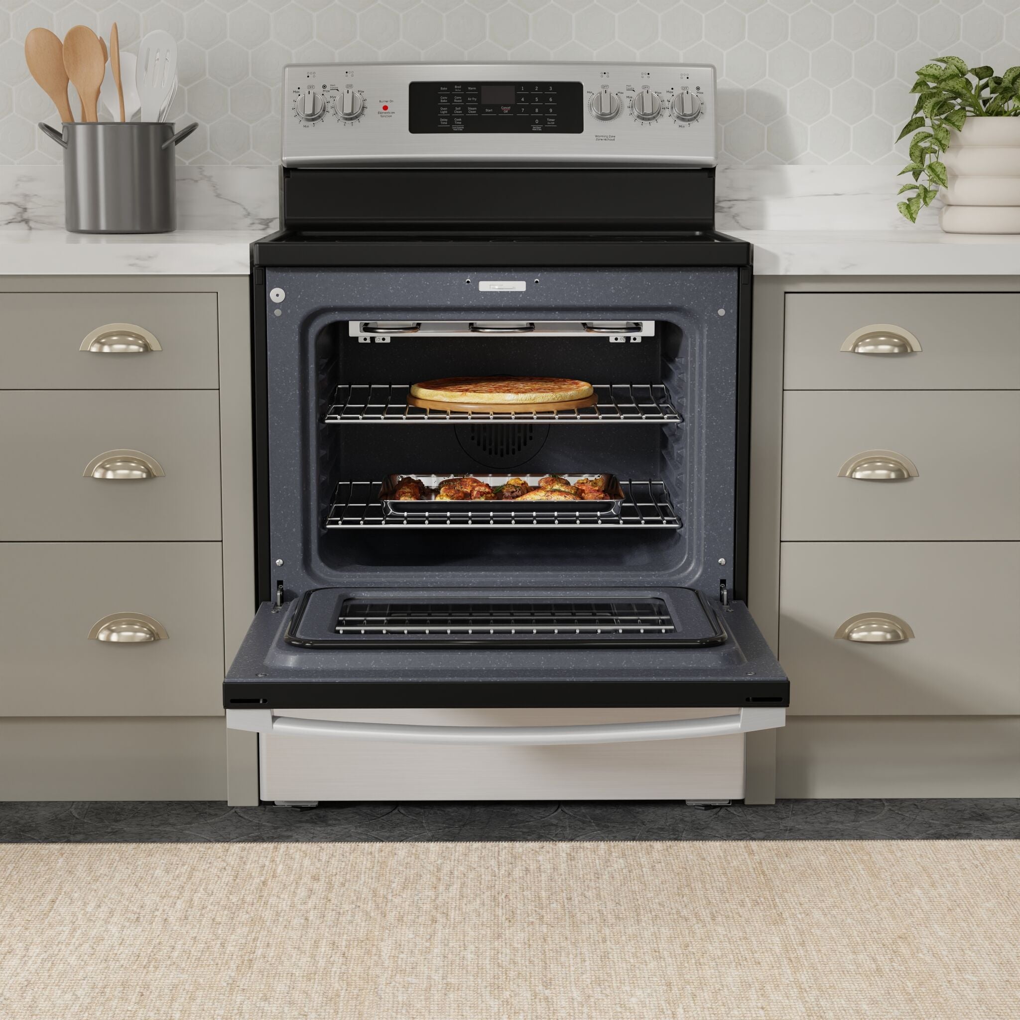 GE Stainless Steel Free-Standing Electric Convection Range with No-Preheat Air Fry (5.0 cu.ft) - JCB840STSS