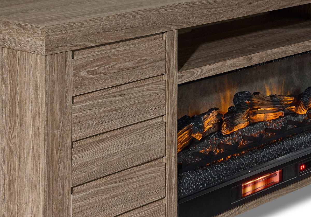 Great Falls 3-Piece Fireplace Entertainment Unit - Grey close-up showing wood-grain cabinet detailing and glowing electric fireplace