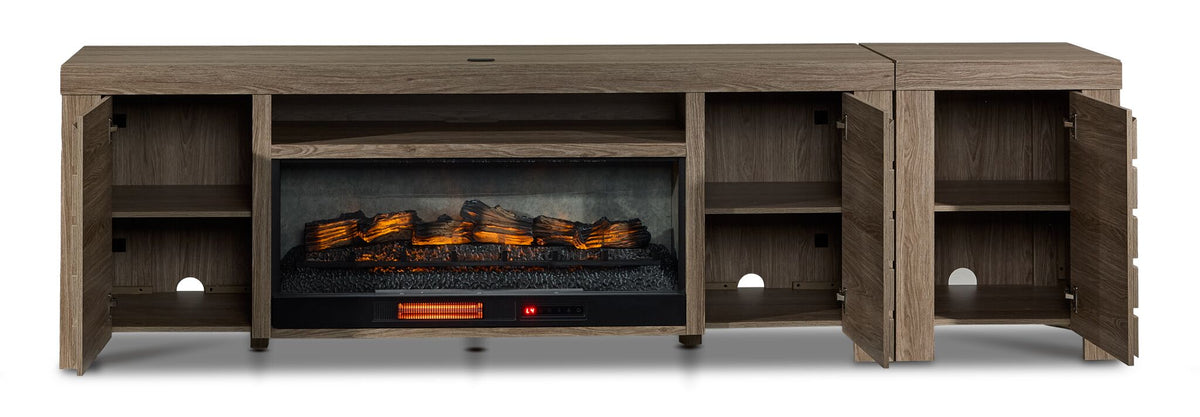 Great Falls 2-Piece Fireplace Entertainment Unit - Grey with cabinet doors open to reveal interior shelves and cable openings