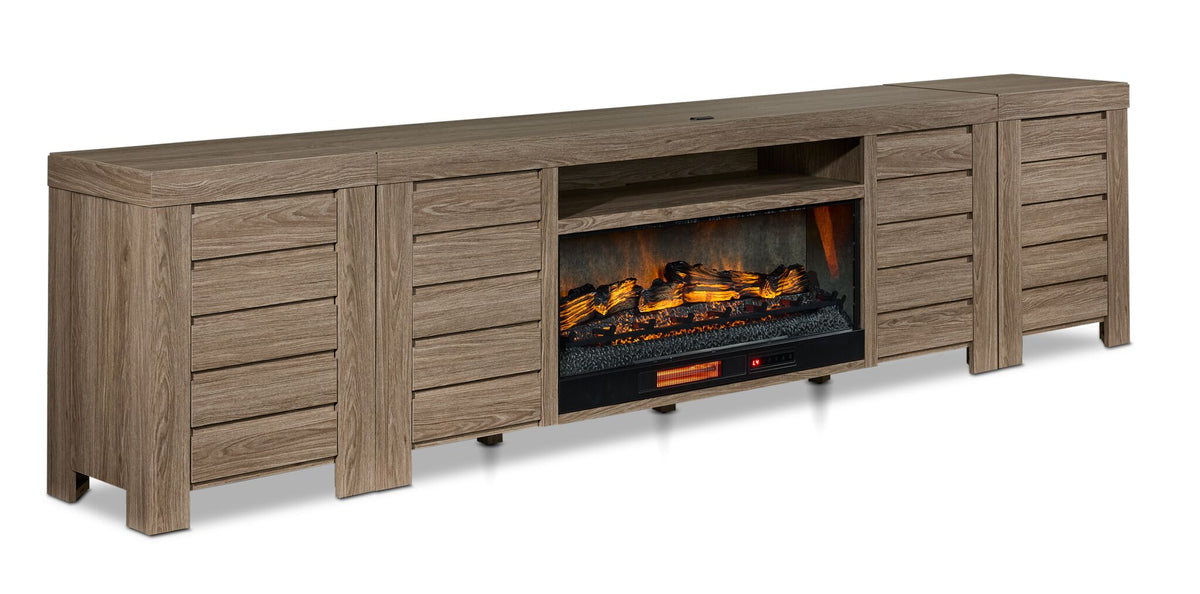 Great Falls 3-Piece Fireplace Entertainment Unit - Grey angled view with electric fireplace and four cabinet doors
