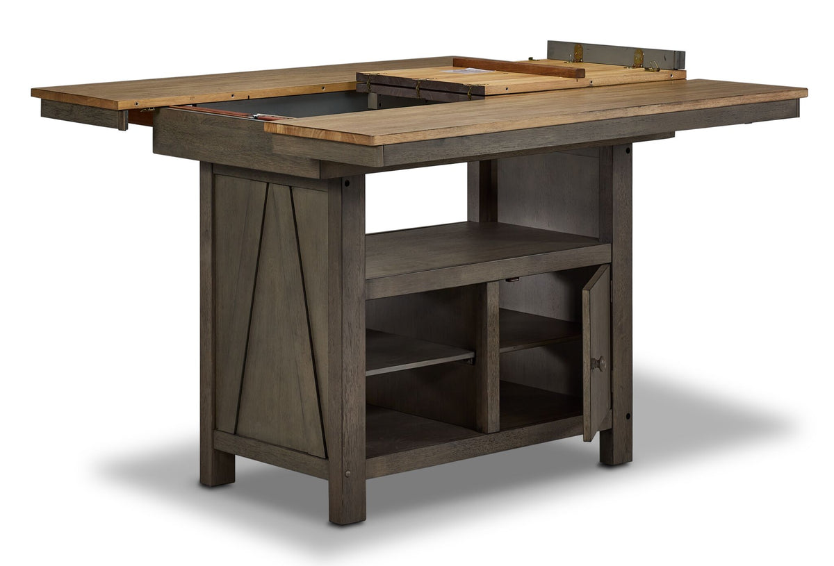 Harvest Ridge Counter Height Table - Grey, Sandstone with tabletop opened to show extension mechanism and storage