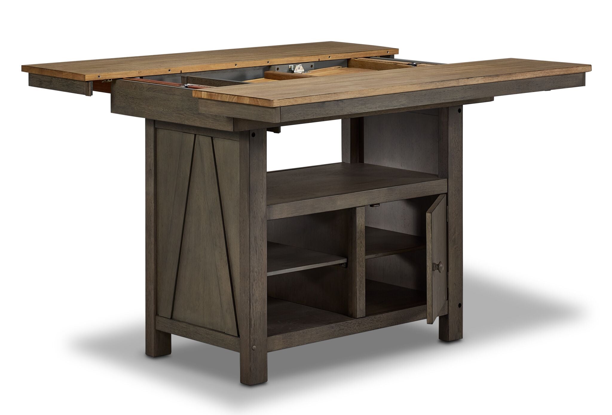 Harvest Ridge Counter Height Table - Grey, Sandstone with tabletop panels open, exposing the extension mechanism