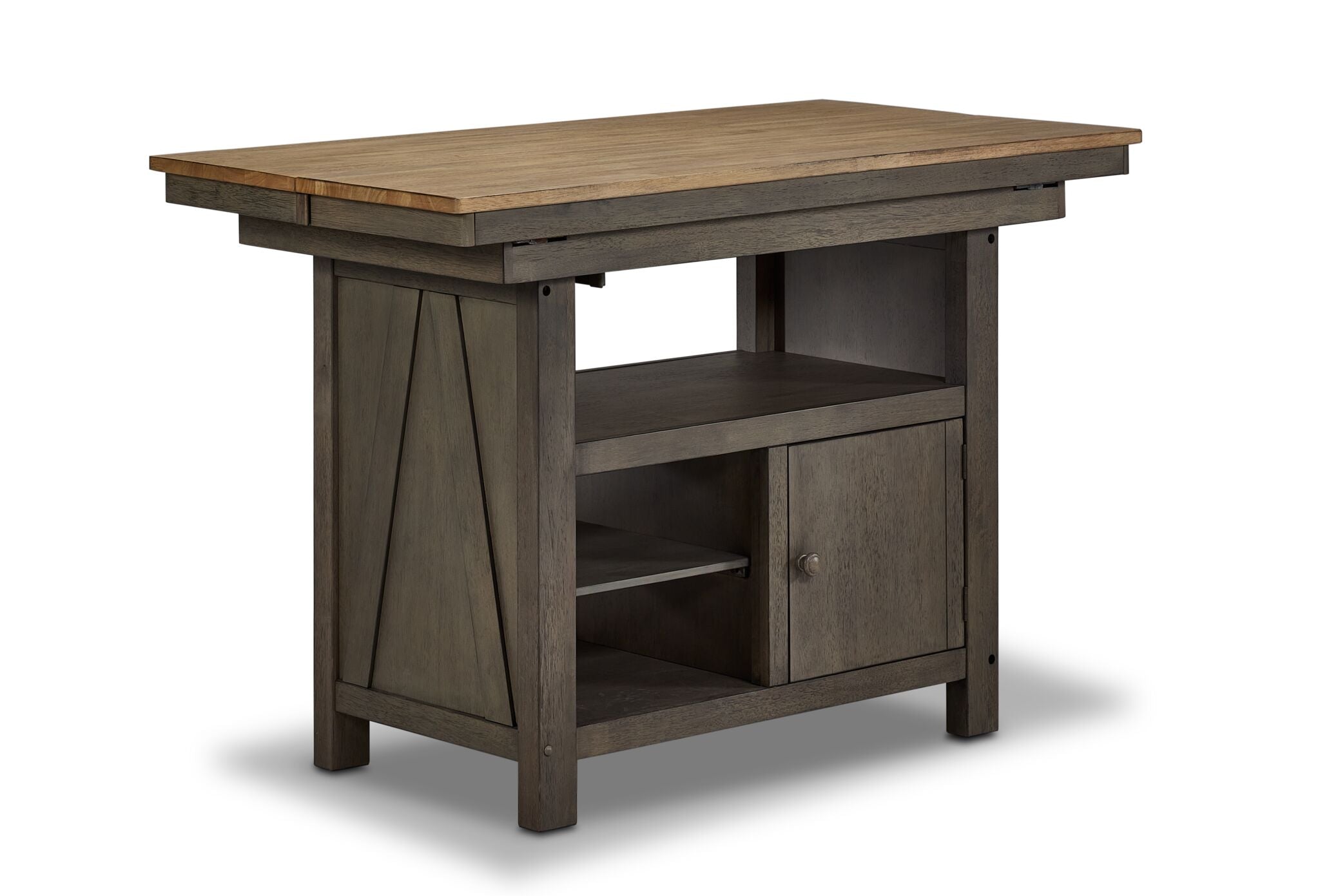Harvest Ridge Counter Height Table - Grey, Sandstone with open shelving, cabinet storage and two-tone wood finish
