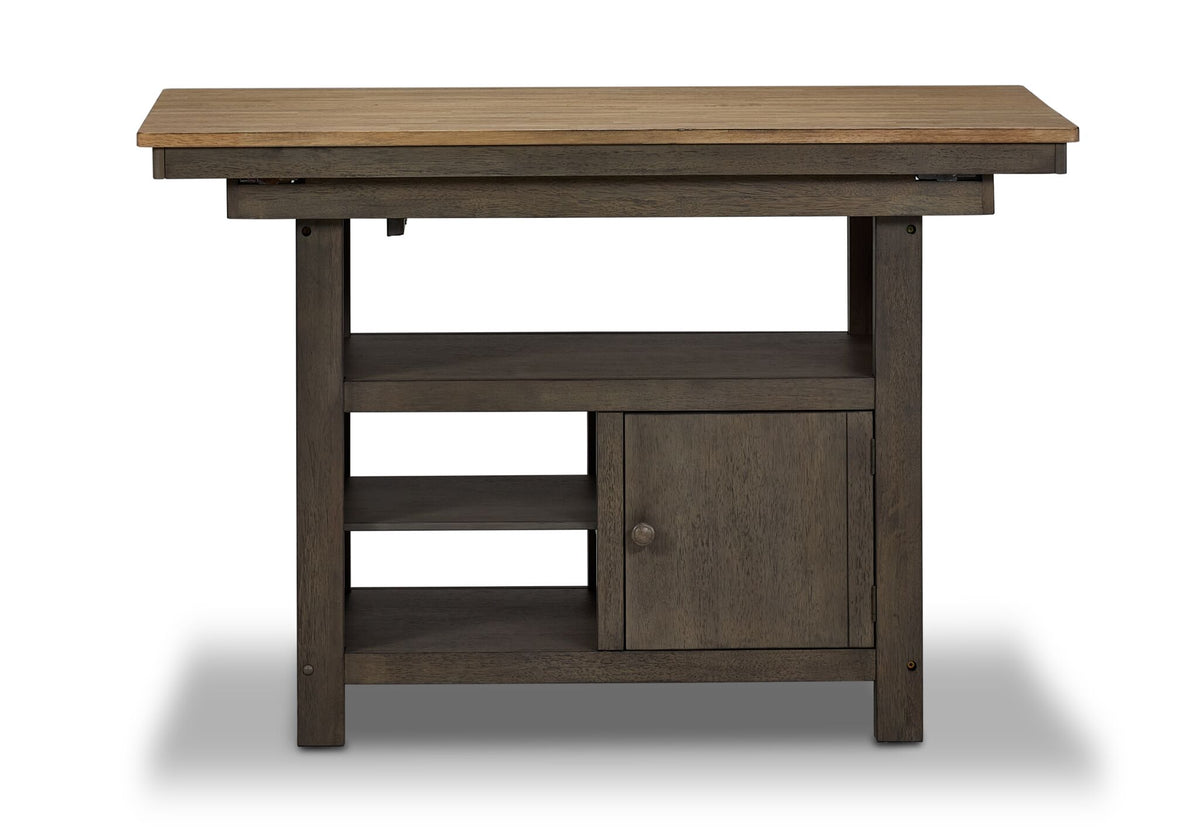 Harvest Ridge Counter Height Table - Grey, Sandstone, front view with open shelves and closed storage cabinet