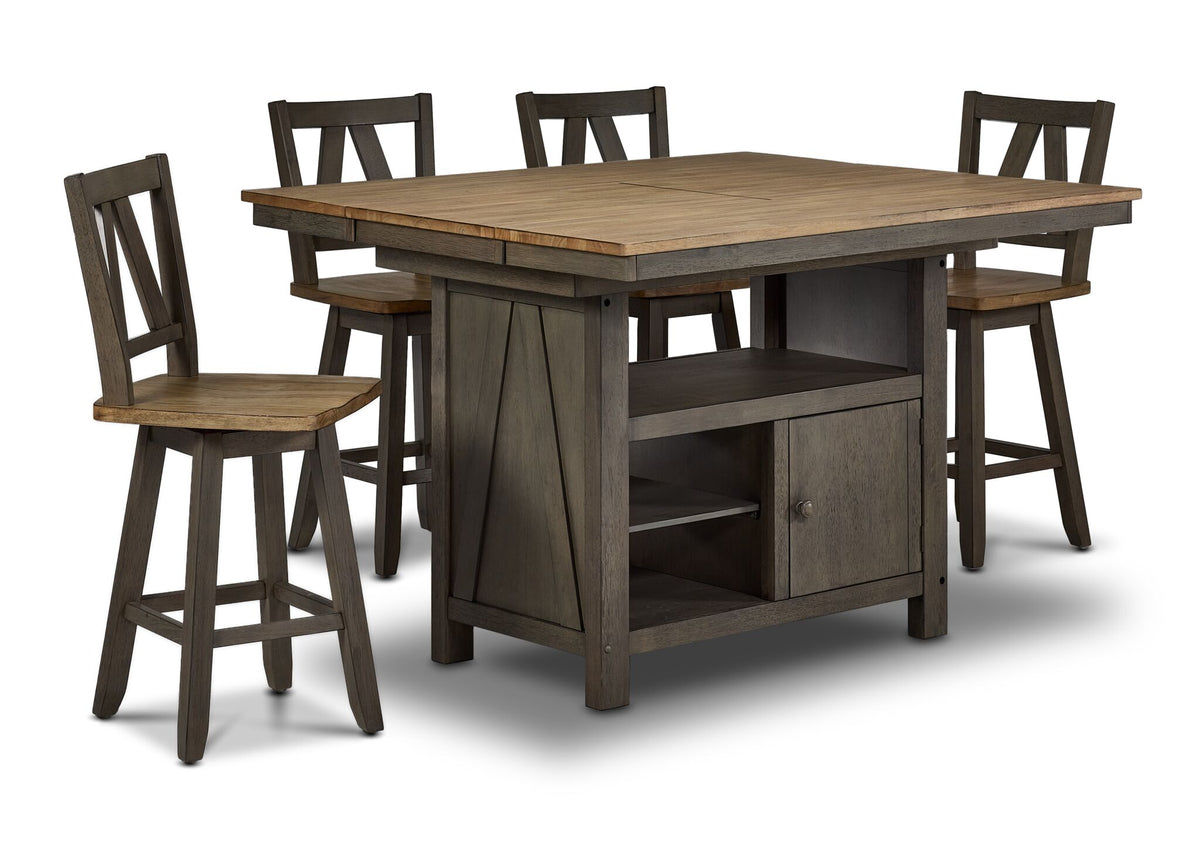 Harvest Ridge 5-Piece Counter Height Dining Set - Grey, Sandstone, angled view with table and four swivel chairs