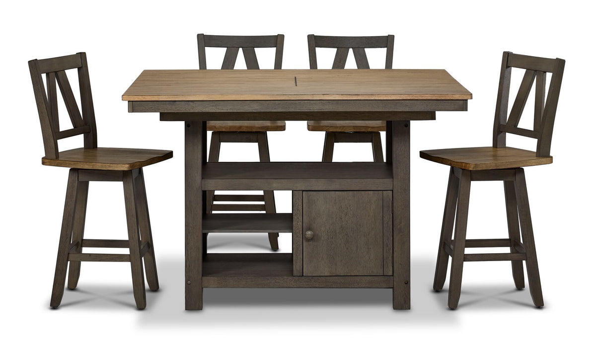 Harvest Ridge 5-Piece Counter Height Dining Set - Grey, Sandstone, front view with table and four swivel chairs