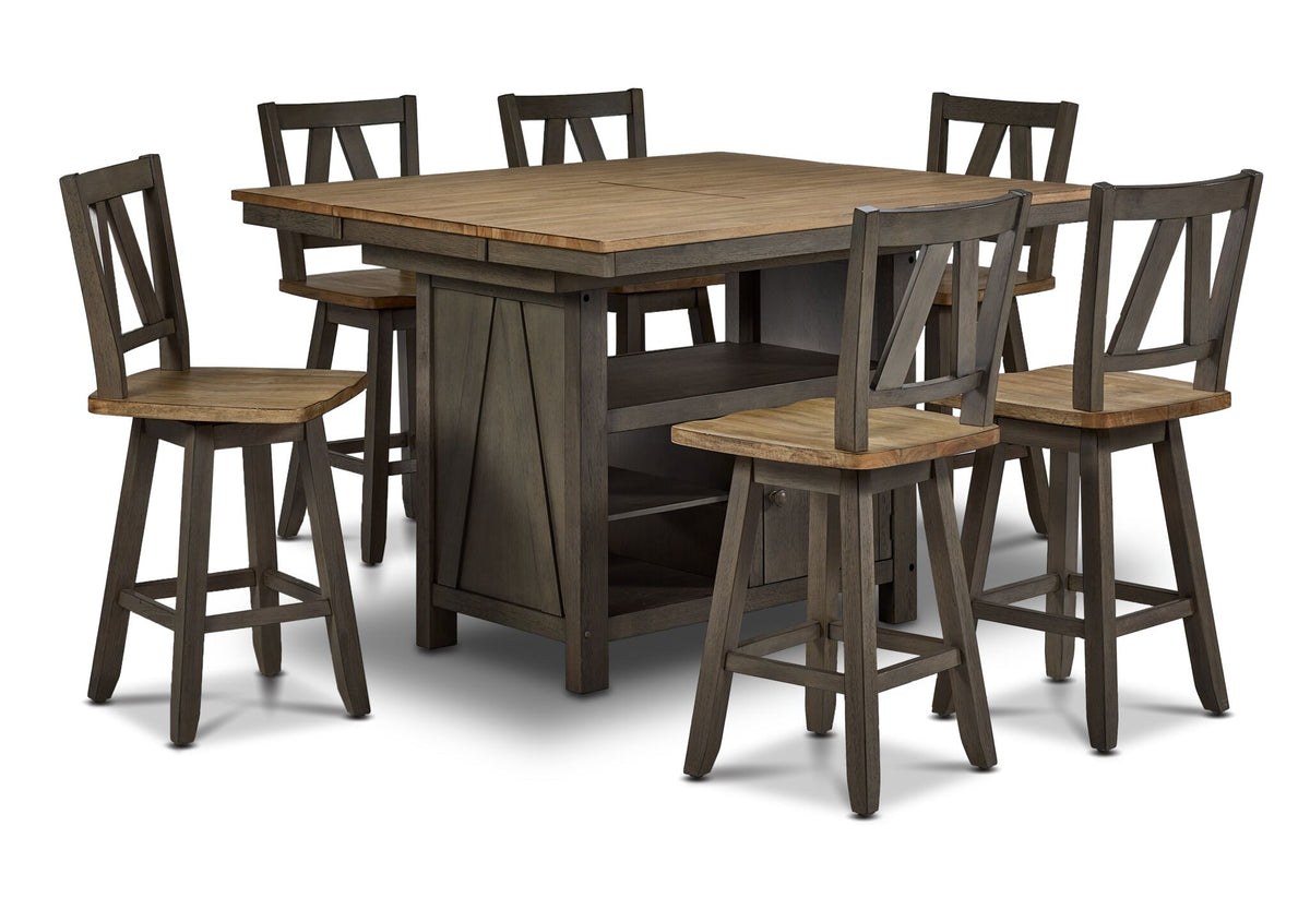 Harvest Ridge 7-Piece Counter Height Dining Set - Grey, Sandstone, angled view with table and six swivel chairs