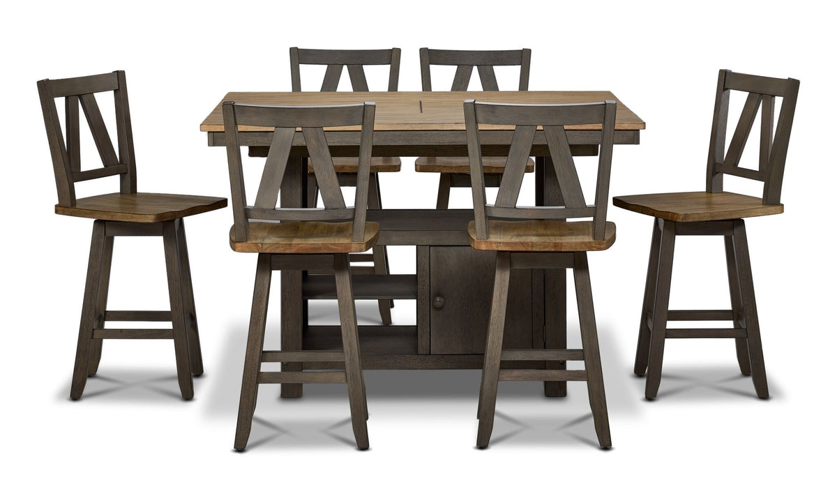 Harvest Ridge 7-Piece Counter Height Dining Set - Grey, Sandstone, front view with table and six swivel chairs