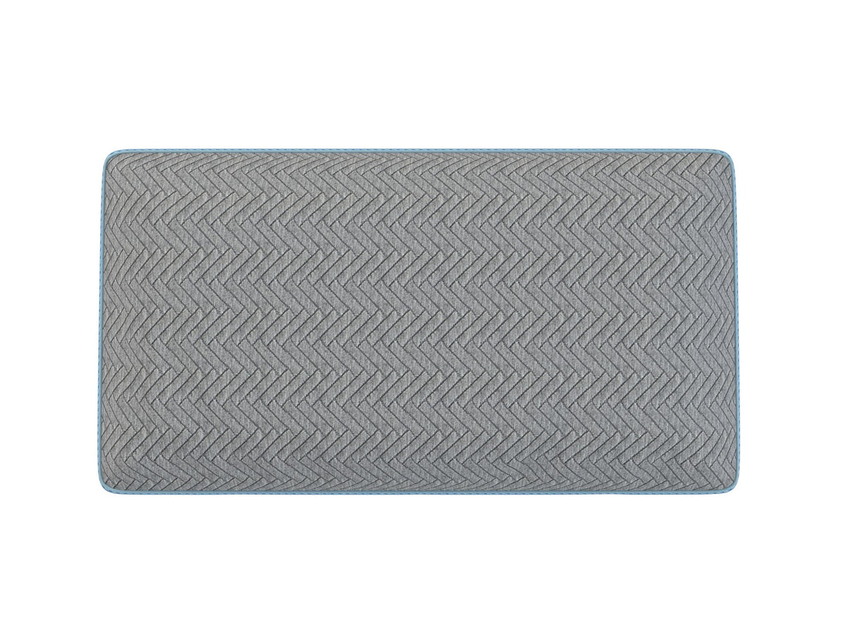 Top view of HealthGuard Active Charcoal Adjustable Pillow with grey herringbone cover and blue edge piping