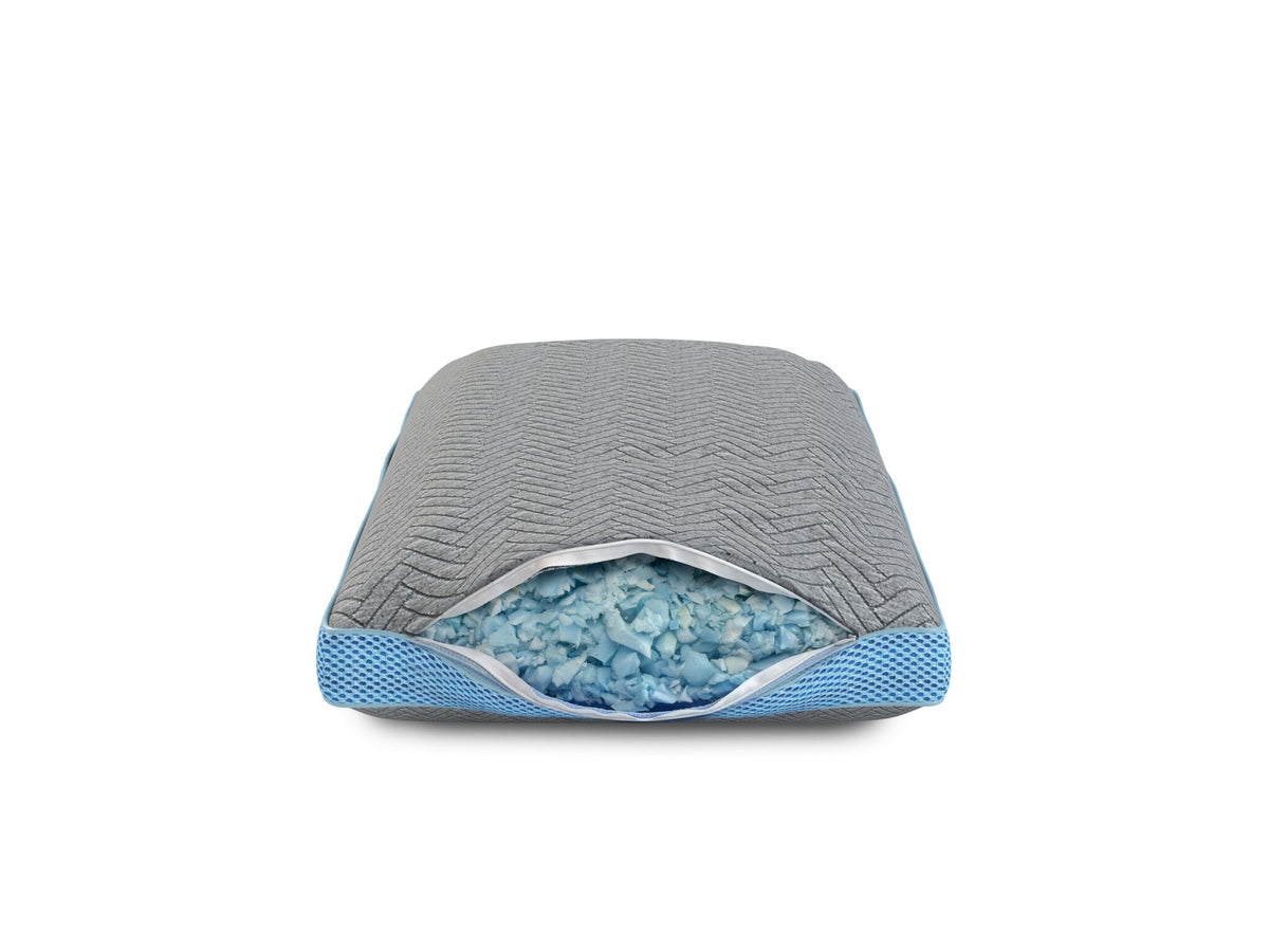 HealthGuard Active Charcoal Adjustable Pillow opened to show blue adjustable memory foam chip fill inside