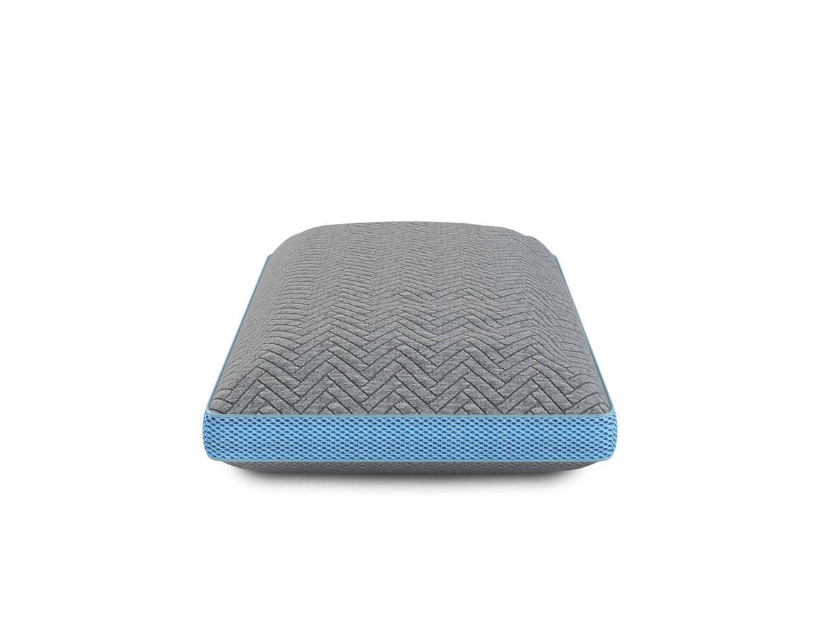 Front view of HealthGuard Active Charcoal Adjustable Pillow with grey herringbone fabric and blue mesh side panel