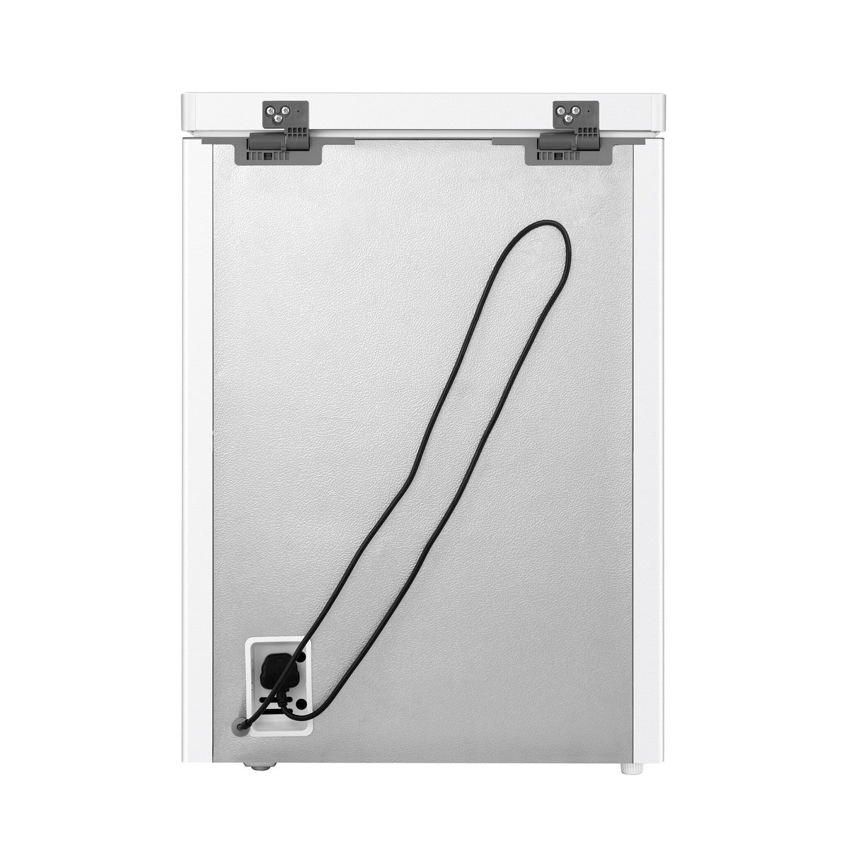 Rear view of Hisense white 5.0 cu. ft. convertible chest freezer showing lid hinges, textured back panel and attached power cord