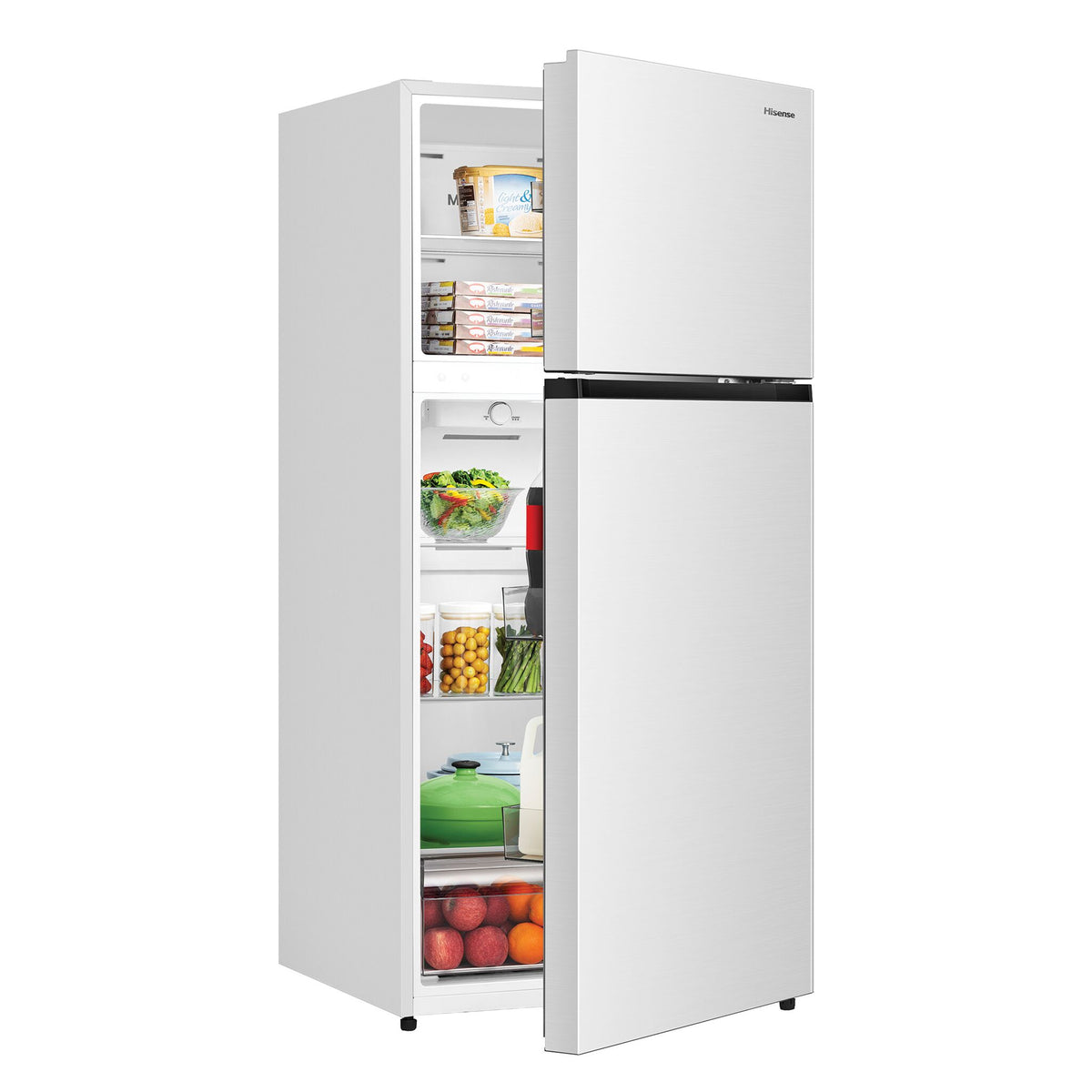 Three-quarter view with doors partly open to reveal stocked freezer and refrigerator compartments