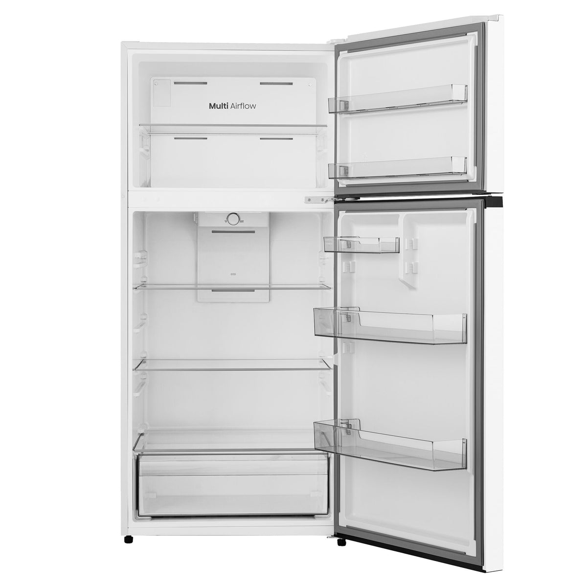 Open refrigerator showing glass shelves, clear door bins, freezer storage and produce crisper