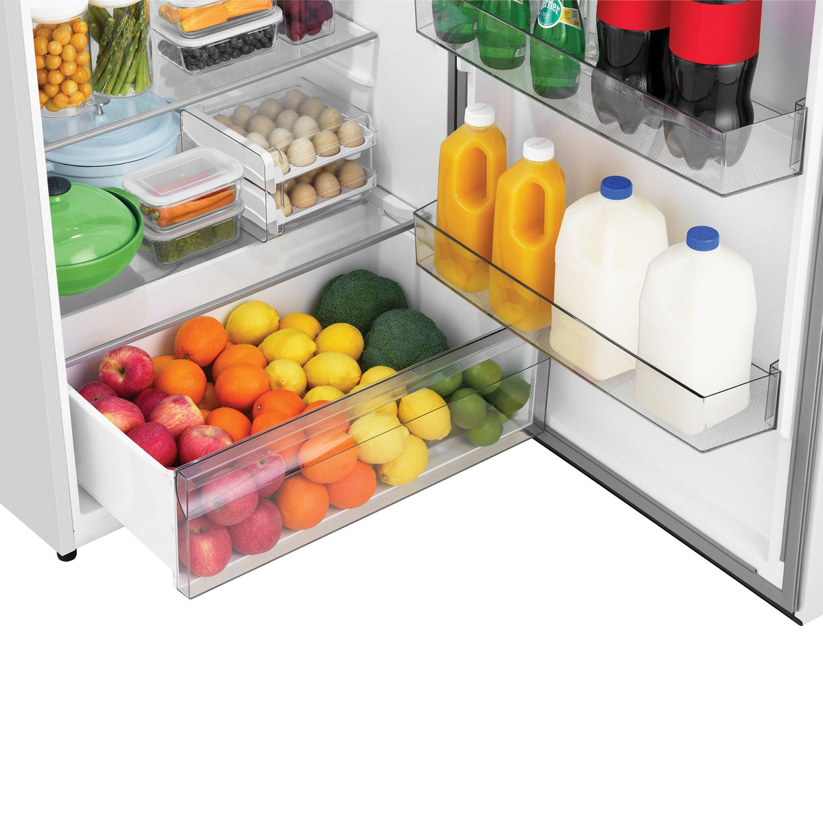 Lower refrigerator storage with produce drawer, glass shelf and large beverage door bins