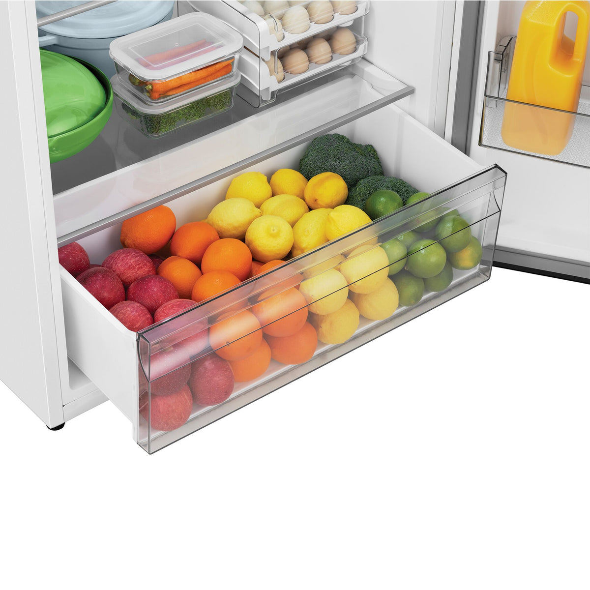 Open crisper drawer filled with produce
