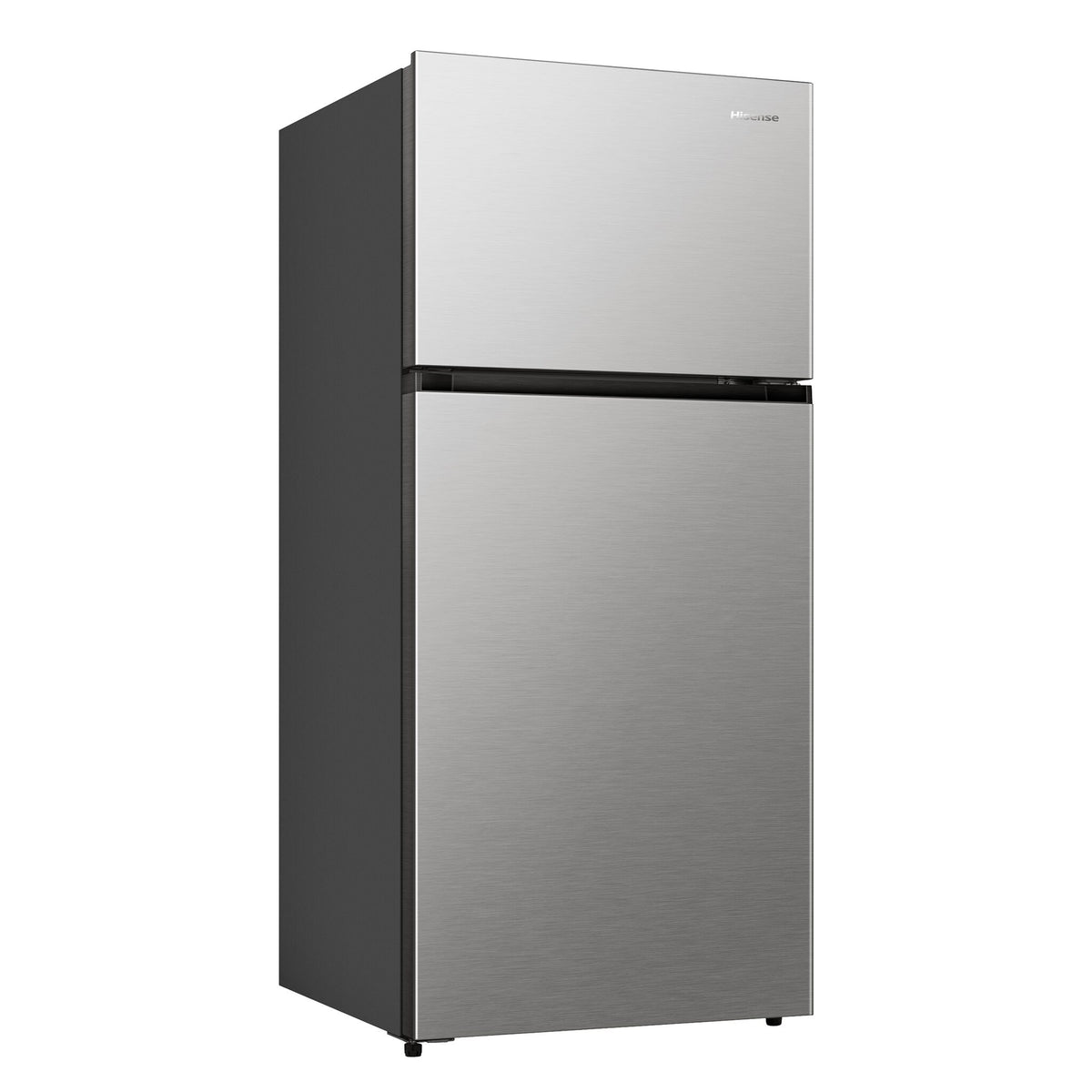 Angled view showing the titanium refrigerator doors and contrasting dark side panel.