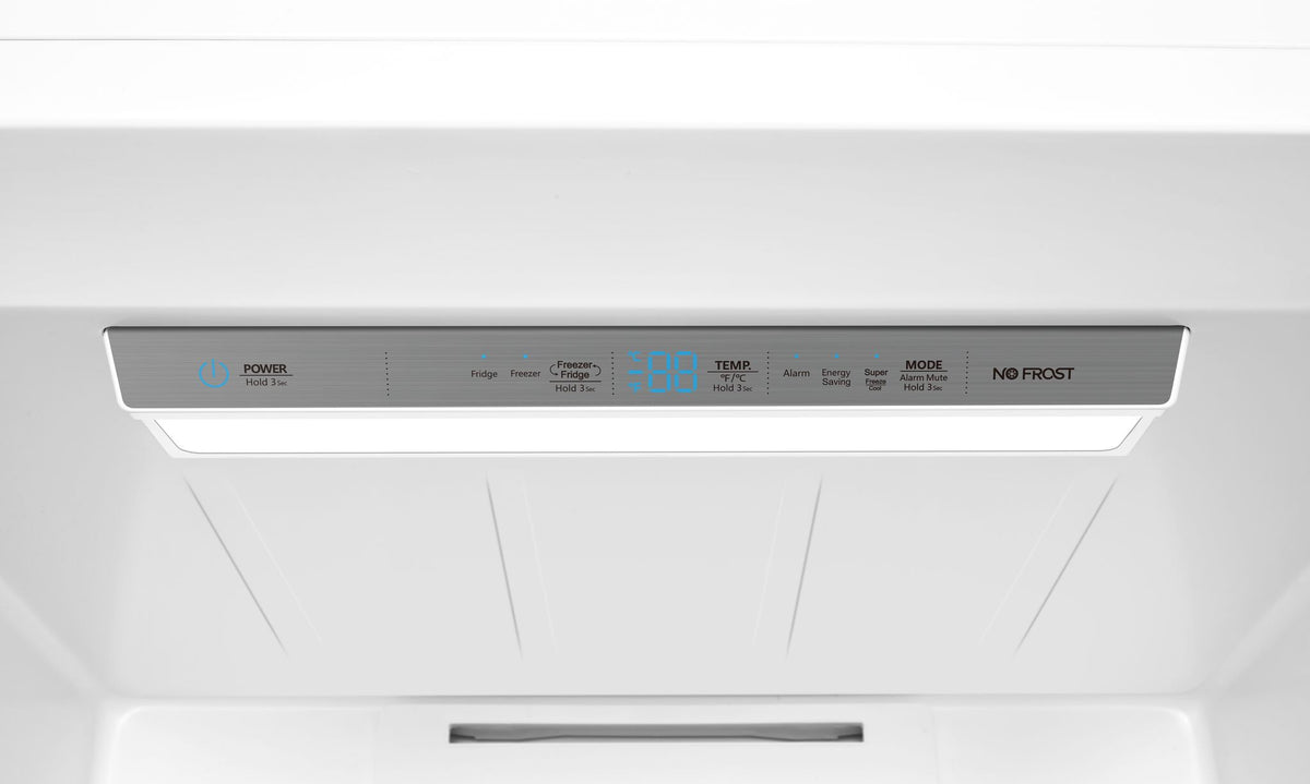 Close-up of Hisense 21 cu. ft. convertible upright freezer digital control panel with fridge and freezer modes, temperature display, alarm, energy saving and Super Freeze controls