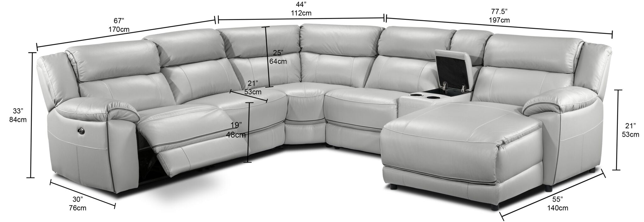 Holton Leather 6-Piece Sectional with Right-Facing Chaise - Grey