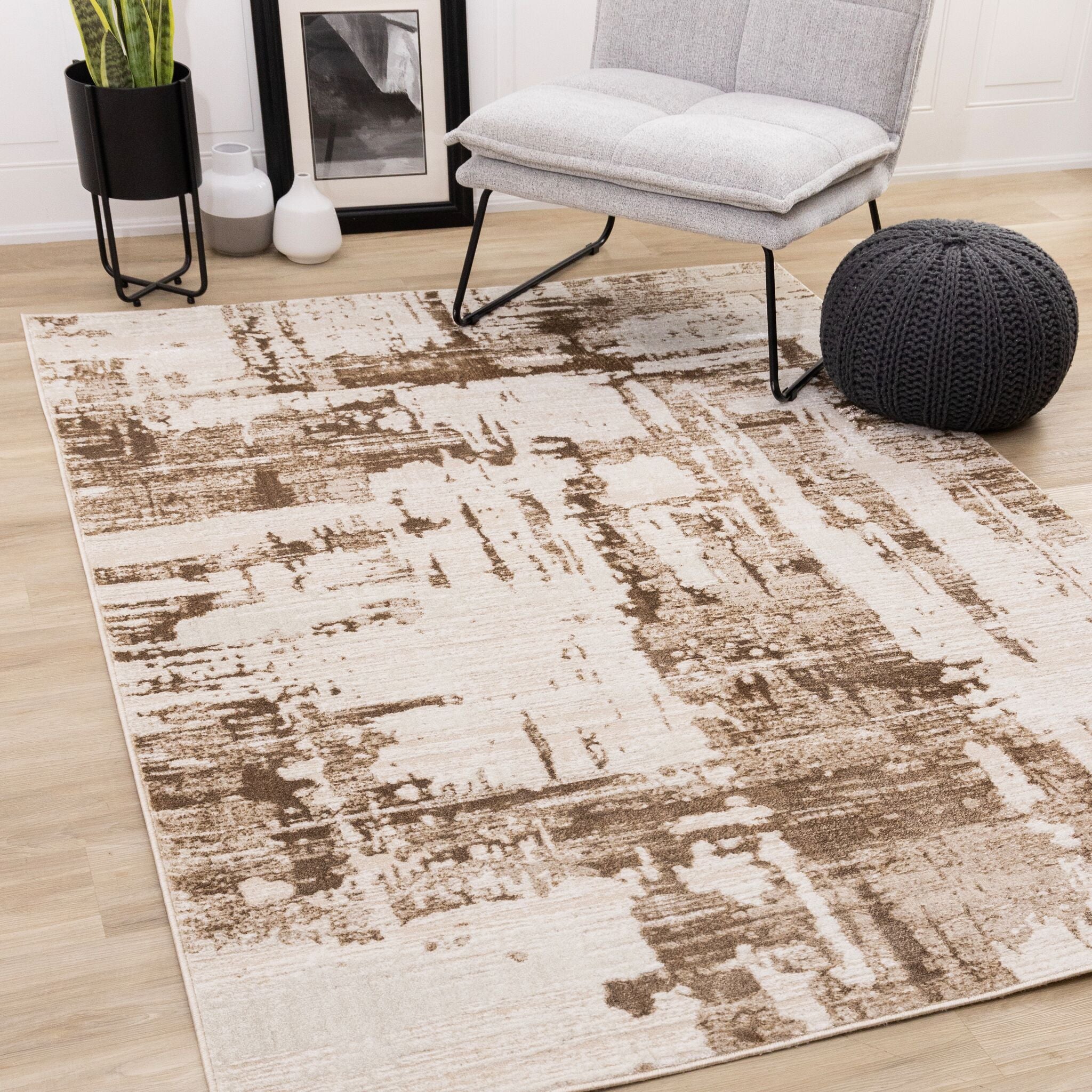 In Harmony 5'3" x 7'7" Organic Distressed Design Area Rug - Cream, Brown