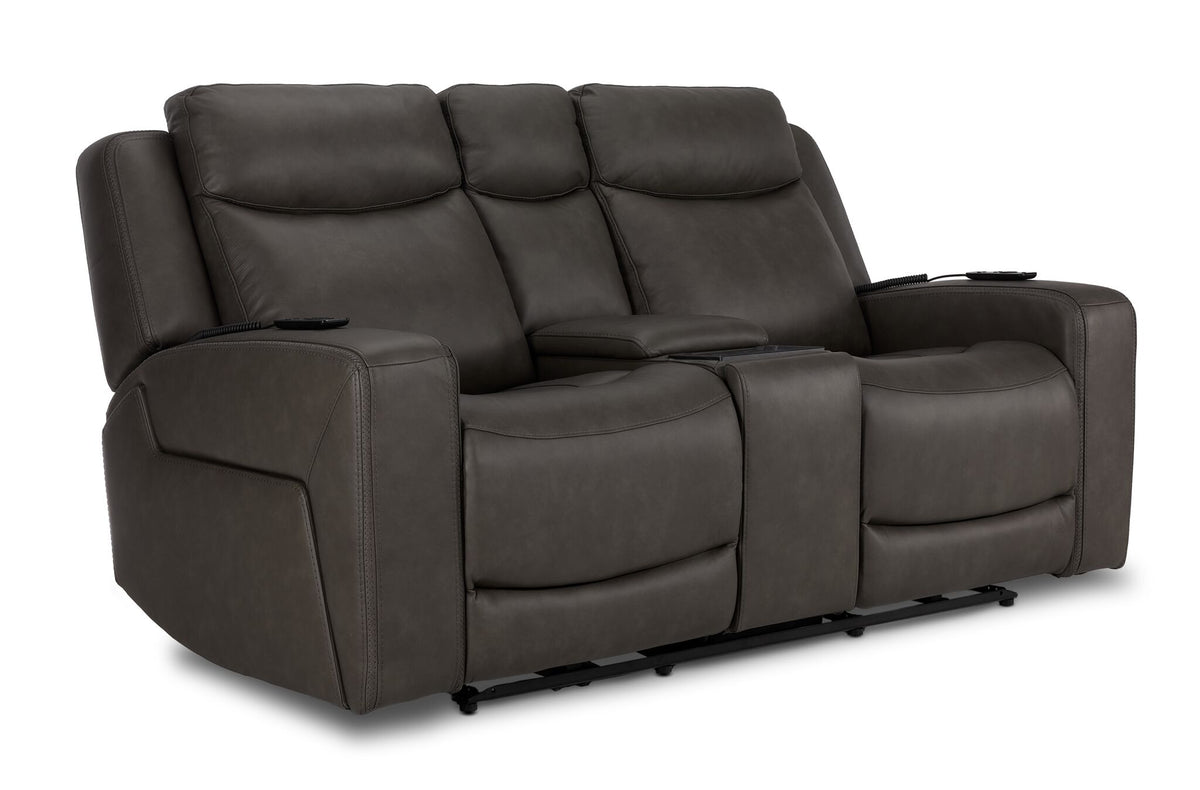 Jackson anthracite leather power reclining loveseat angled view with two seats, centre console and padded headrests