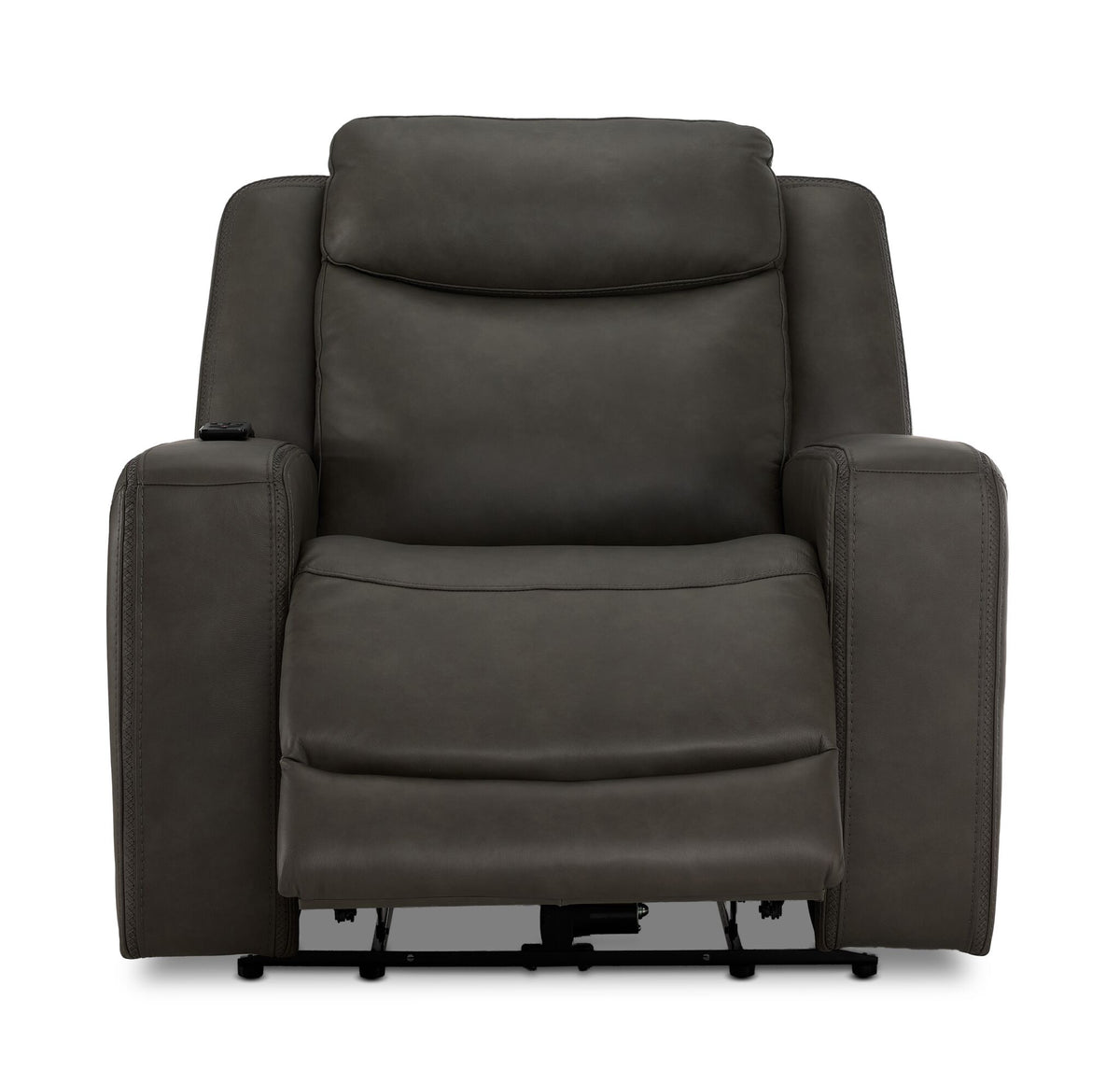 Jackson anthracite leather recliner front view with power footrest extended and plush padded seating