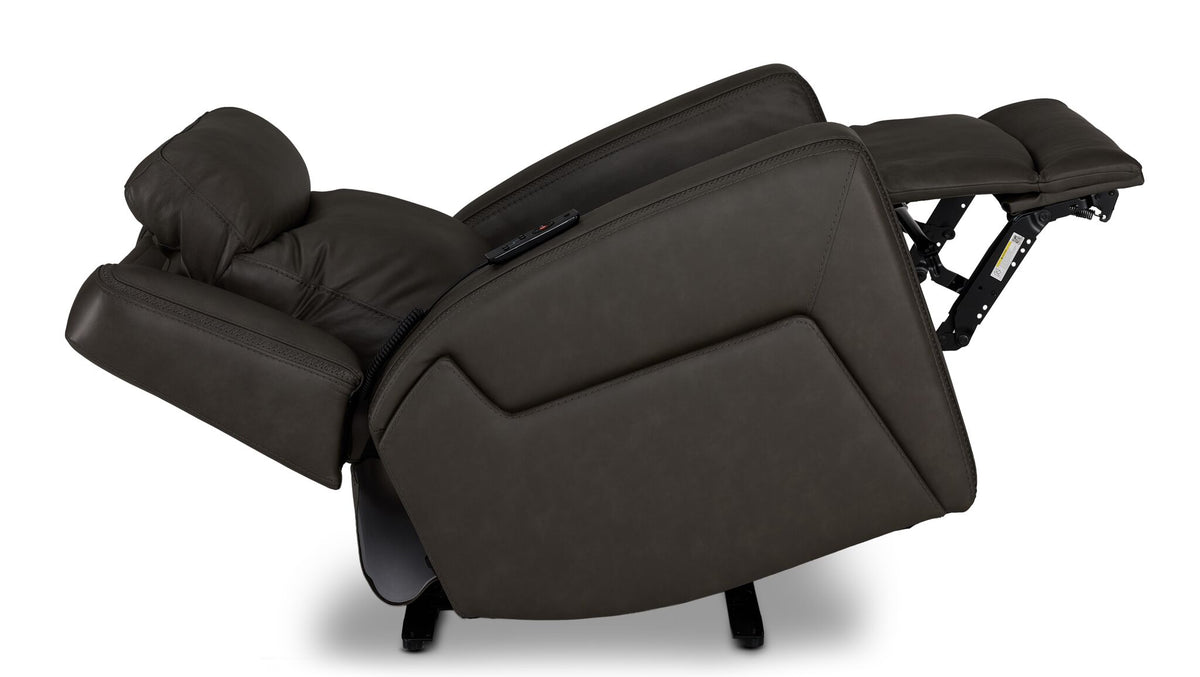 Jackson anthracite leather power recliner side view in zero gravity position with backrest and footrest fully extended