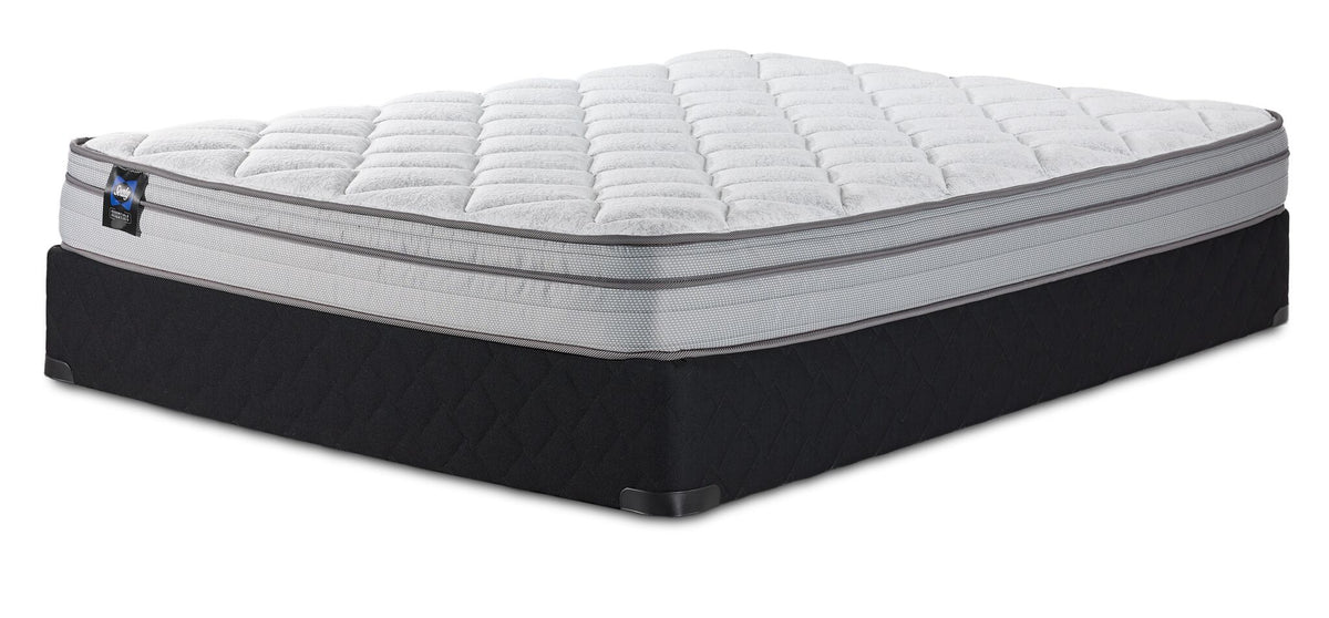 Sealy Essentials Kairo Medium Euro Top Full mattress and boxspring set with quilted white top and black base