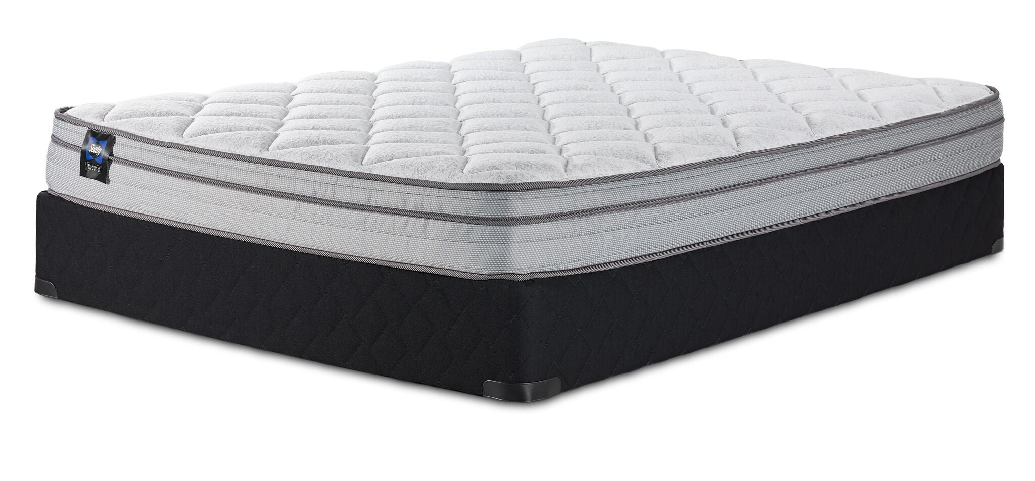 Sealy Essentials Kairo Medium Euro Top Queen mattress and boxspring set with quilted white top and black base