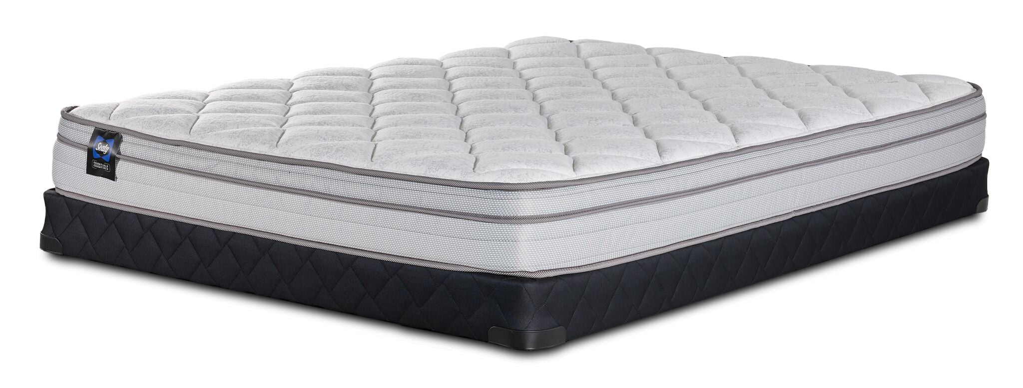 Sealy Essentials Kairo Medium Euro Top Twin mattress and low profile boxspring set with quilted white top and black base