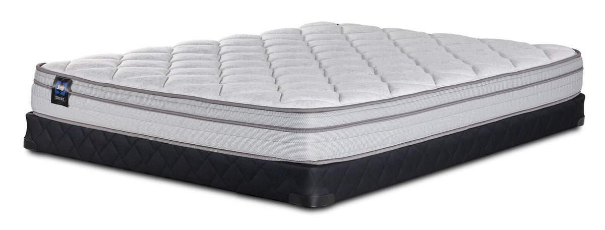 Sealy Essentials Kairo Medium Euro Top Full mattress and low profile boxspring set with quilted white top and black base