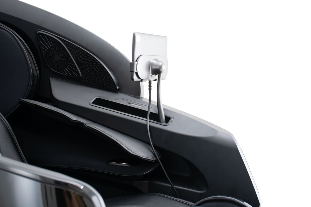 L2 Zen Elite Massage Chair side detail with adjustable device holder, side panel and padded armrest