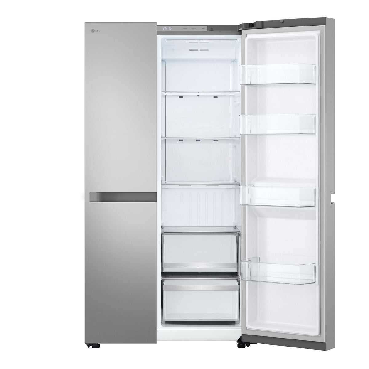 Right compartment open to reveal glass shelves, door storage and two clear drawers