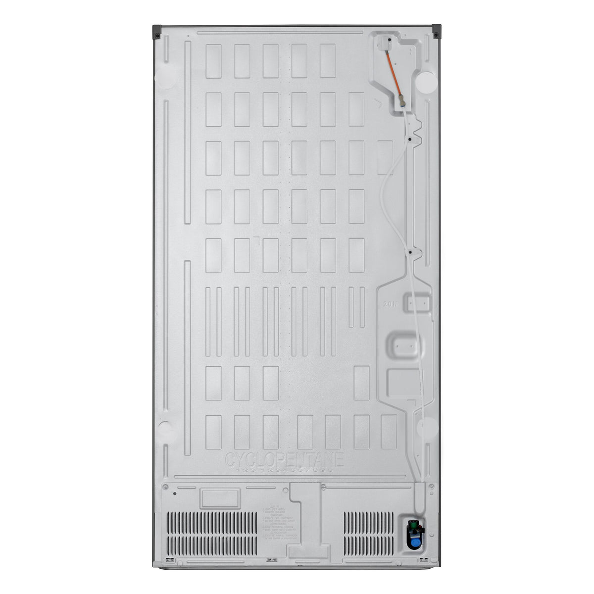 Rear view showing the refrigerator back panel, water connection and lower ventilation area