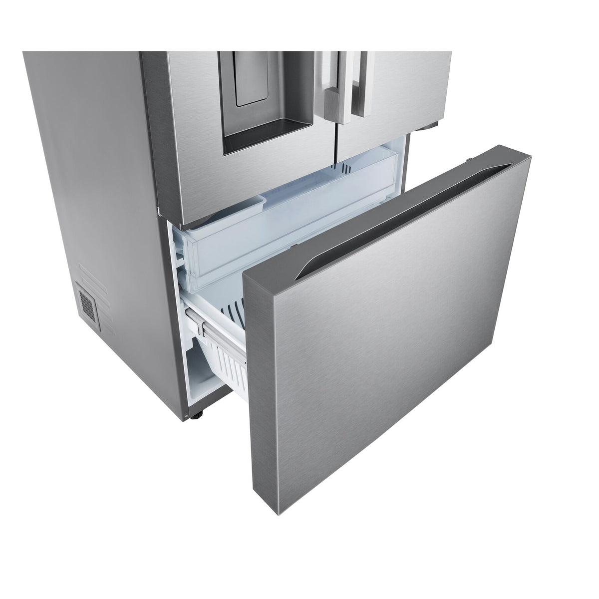 Bottom freezer drawer pulled open to reveal upper and lower storage compartments