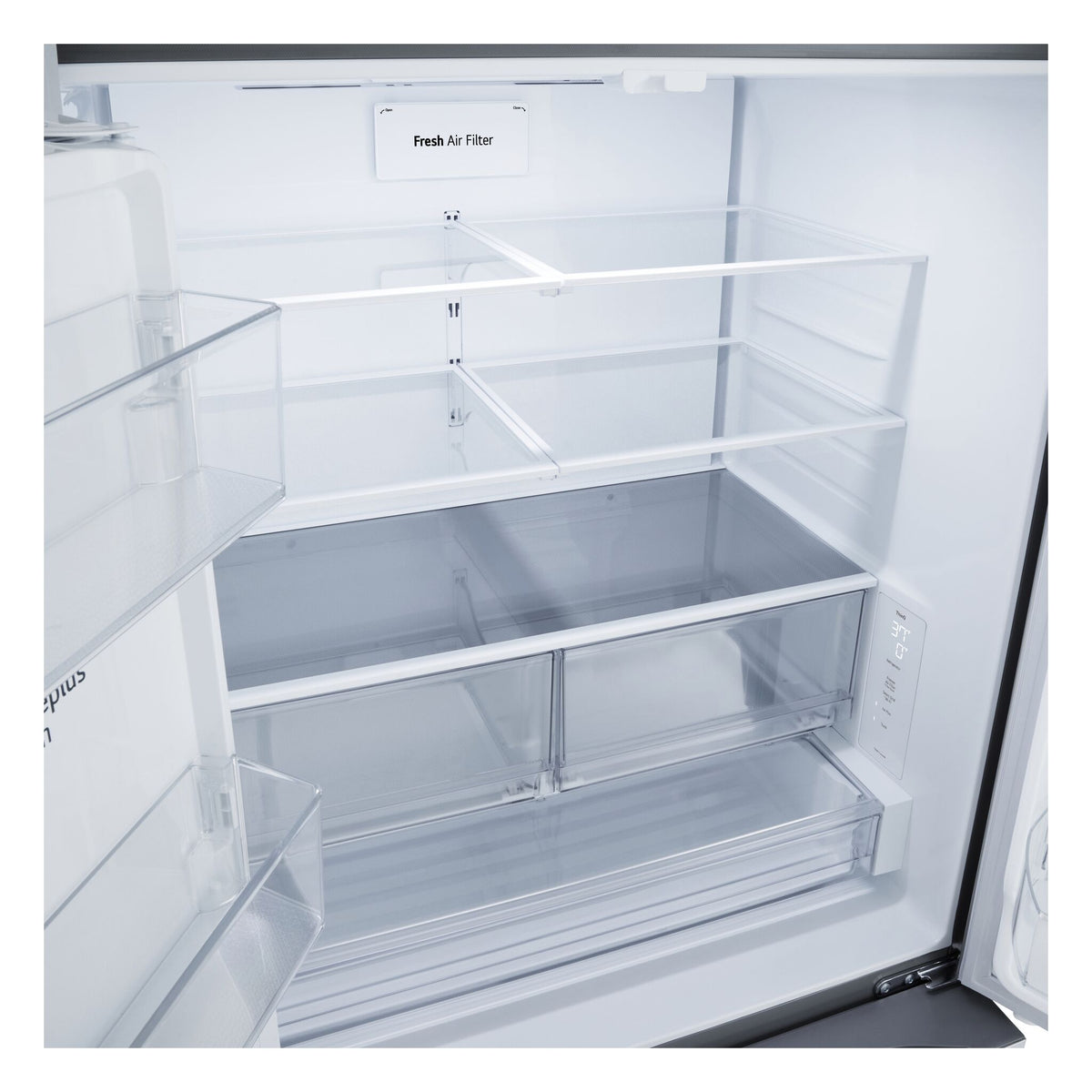 Interior view featuring glass shelves, clear produce drawers and full-width lower storage drawer