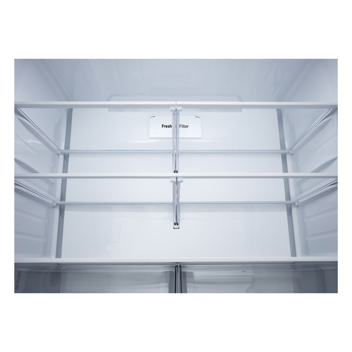 Close-up of adjustable glass shelving and Fresh Air Filter inside the refrigerator