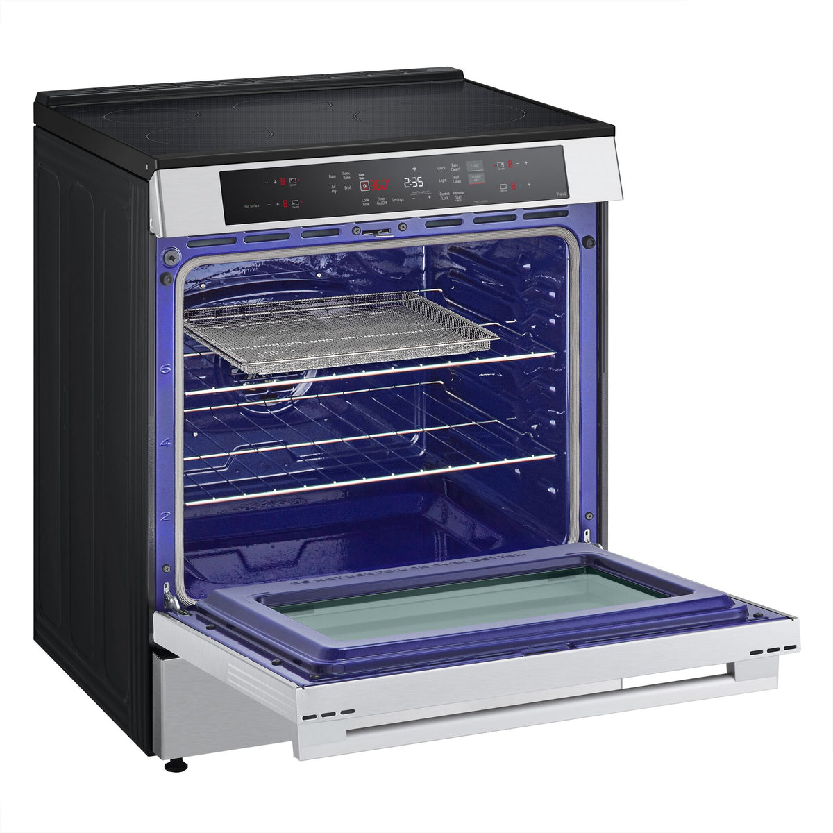 LG induction slide-in range with oven open, showing blue EasyClean interior, racks and air fry tray