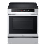 Front view of LG stainless steel smart induction slide-in range with four-zone black glass cooktop