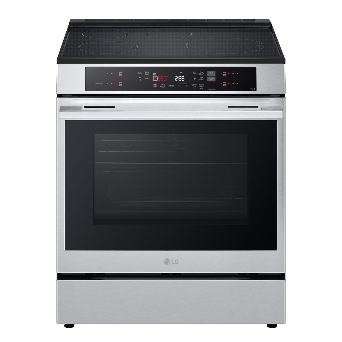 Front view of LG stainless steel smart induction slide-in range with four-zone black glass cooktop