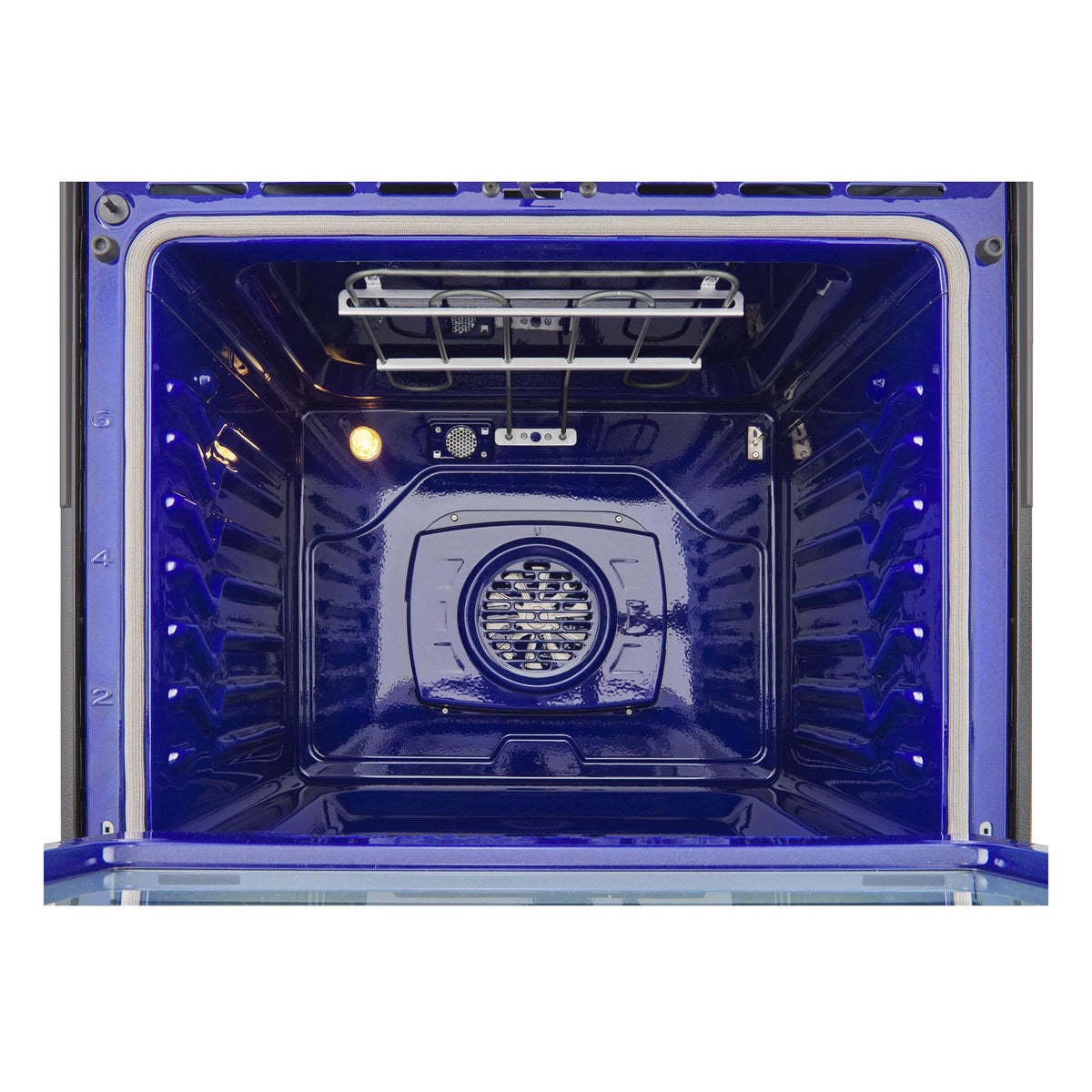 Close-up of LG range blue EasyClean oven interior with ProBake Convection fan and heating element